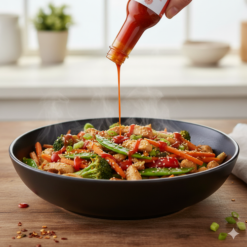 Flavorsmith Olé Sriracha drizzled over fried chicken