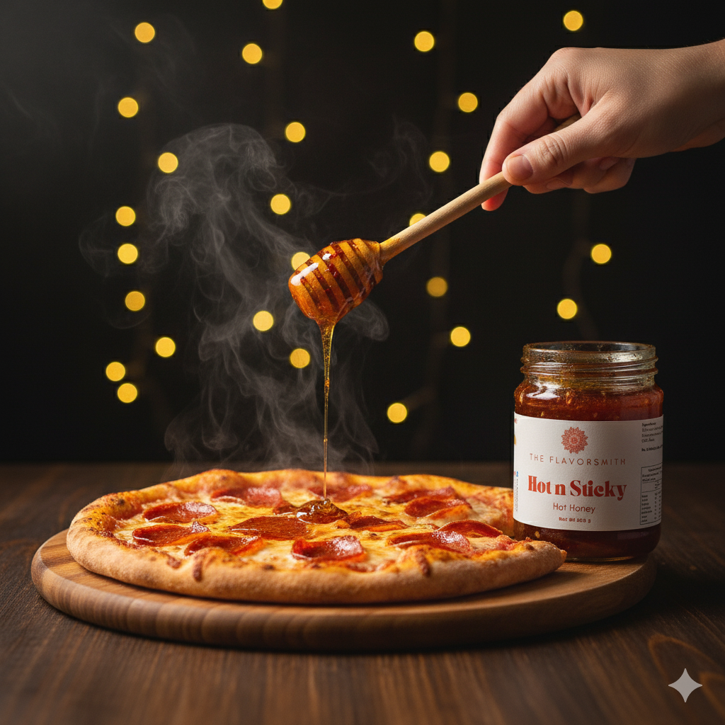 Flavorsmith Hot Honey drizzled over pizza to add sweet chilli heat